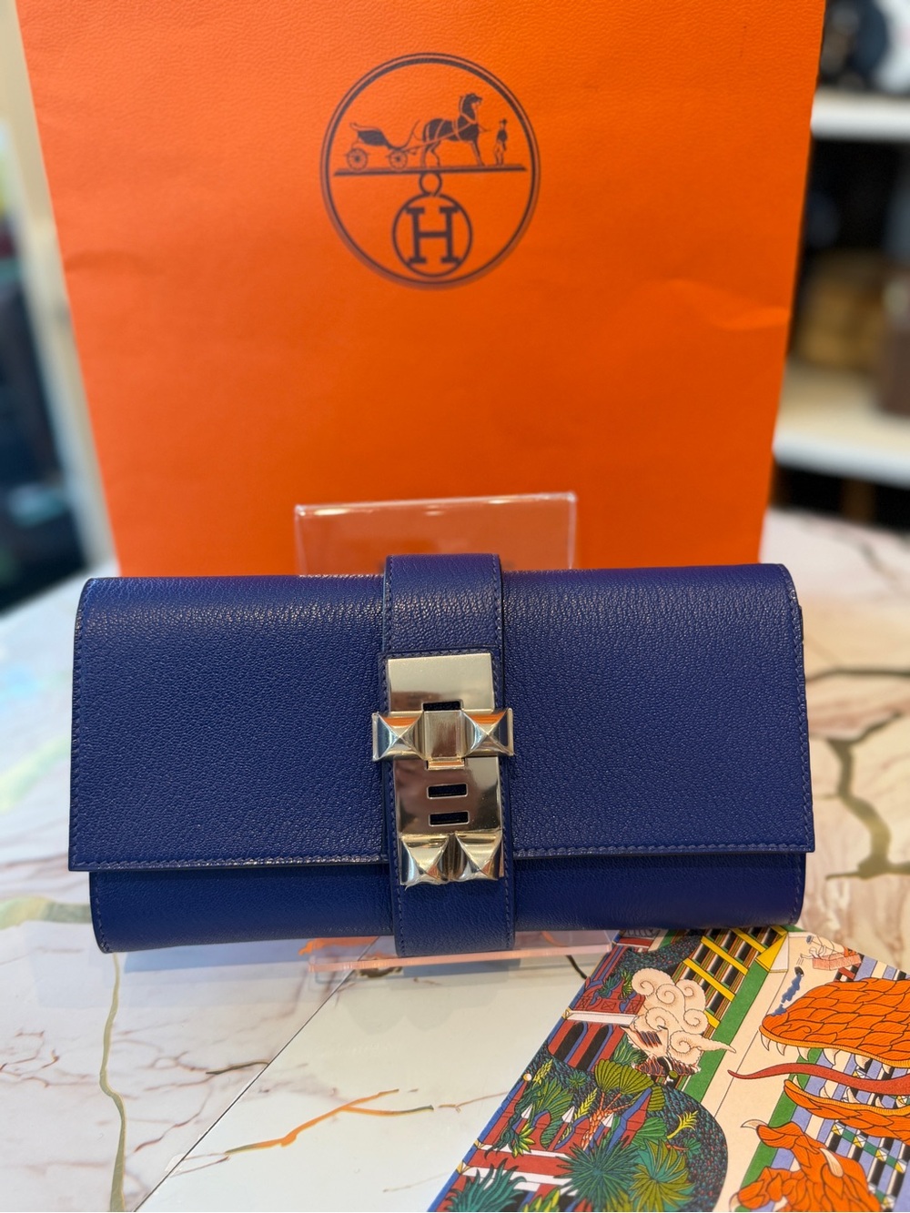 Hermes Bleu Electrique Epsom Leather Medor Clutch 23 with Palladium Hardware
